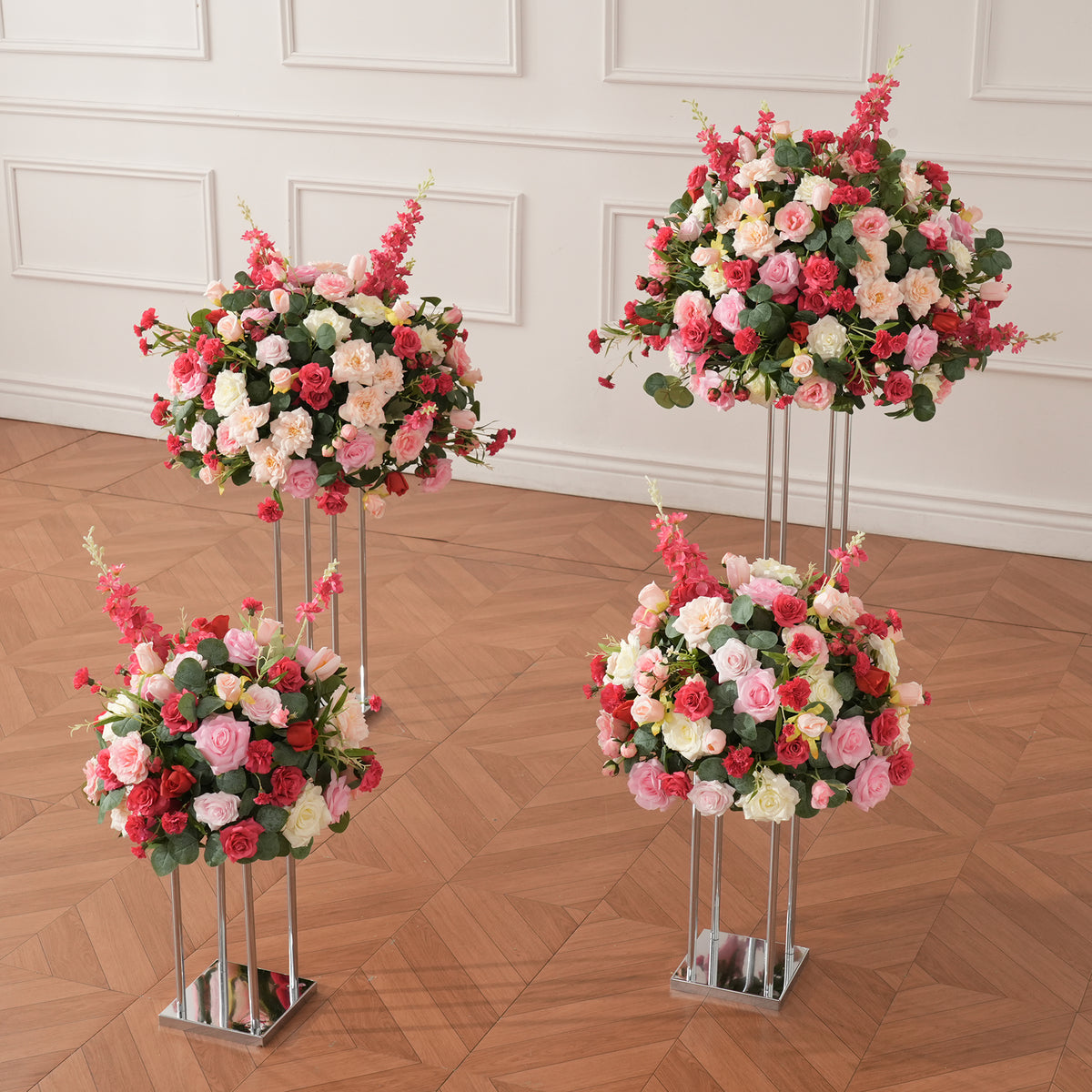 Mixed bloom artificial wedding centerpiece, blush fuchsia roses with greenery for reception table styling