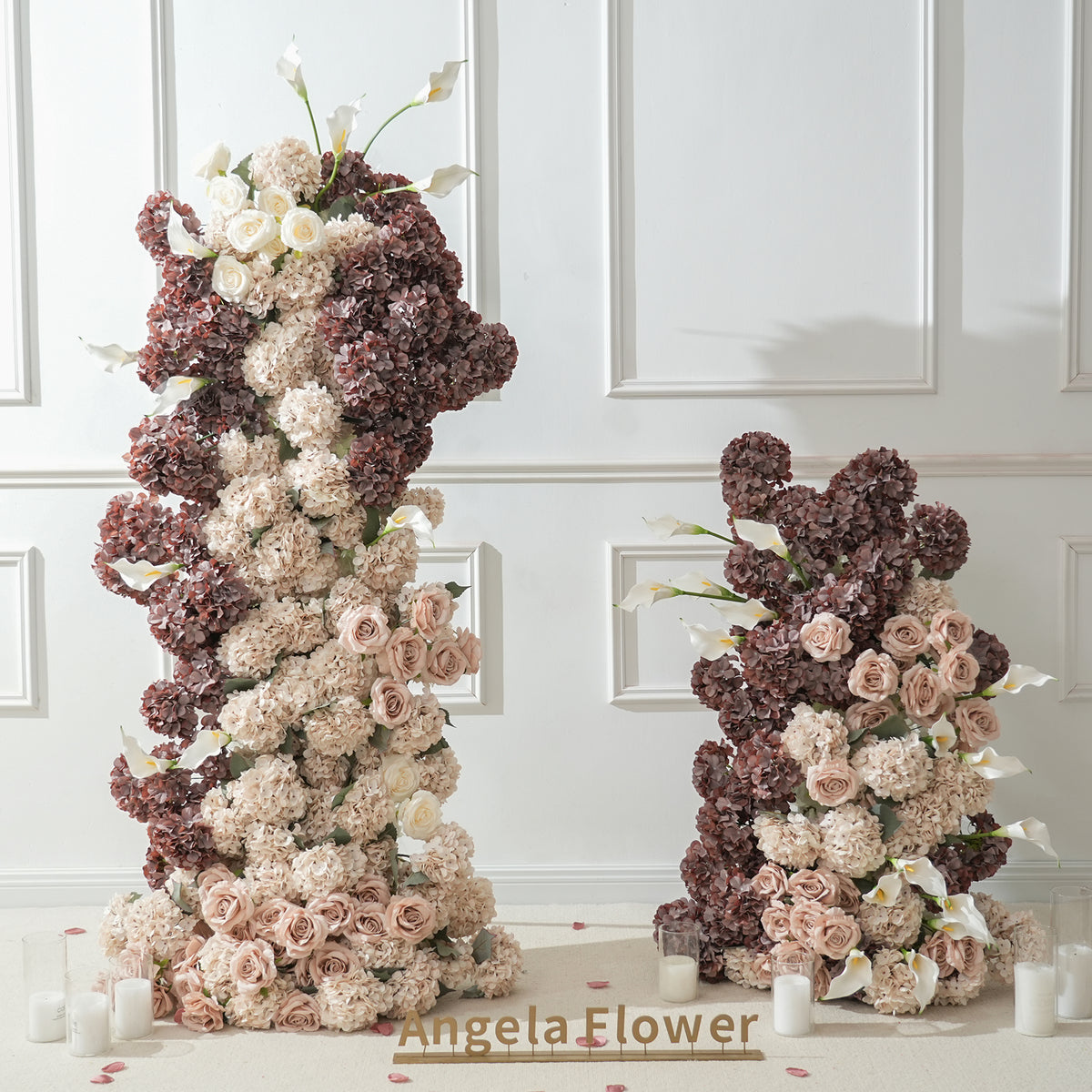 Neutral tone wedding flower columns with white calla lily accents