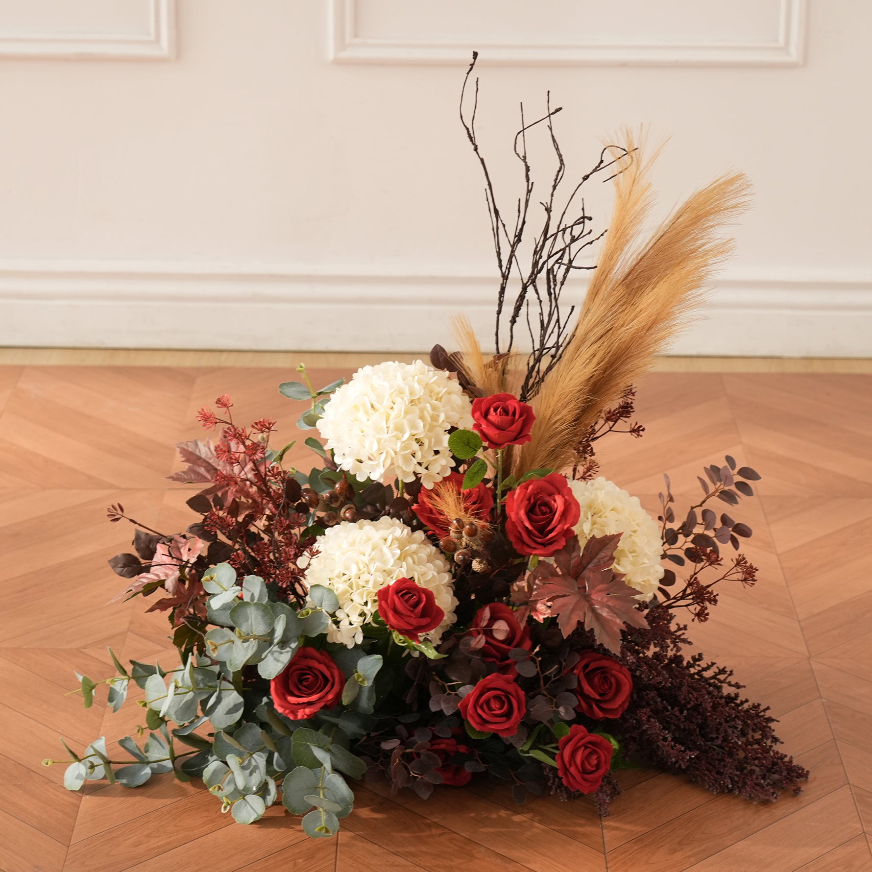 autumn‑burgundy‑silk‑ground‑flower‑pair‑wedding‑arch‑kt‑board‑side‑decor‑photo