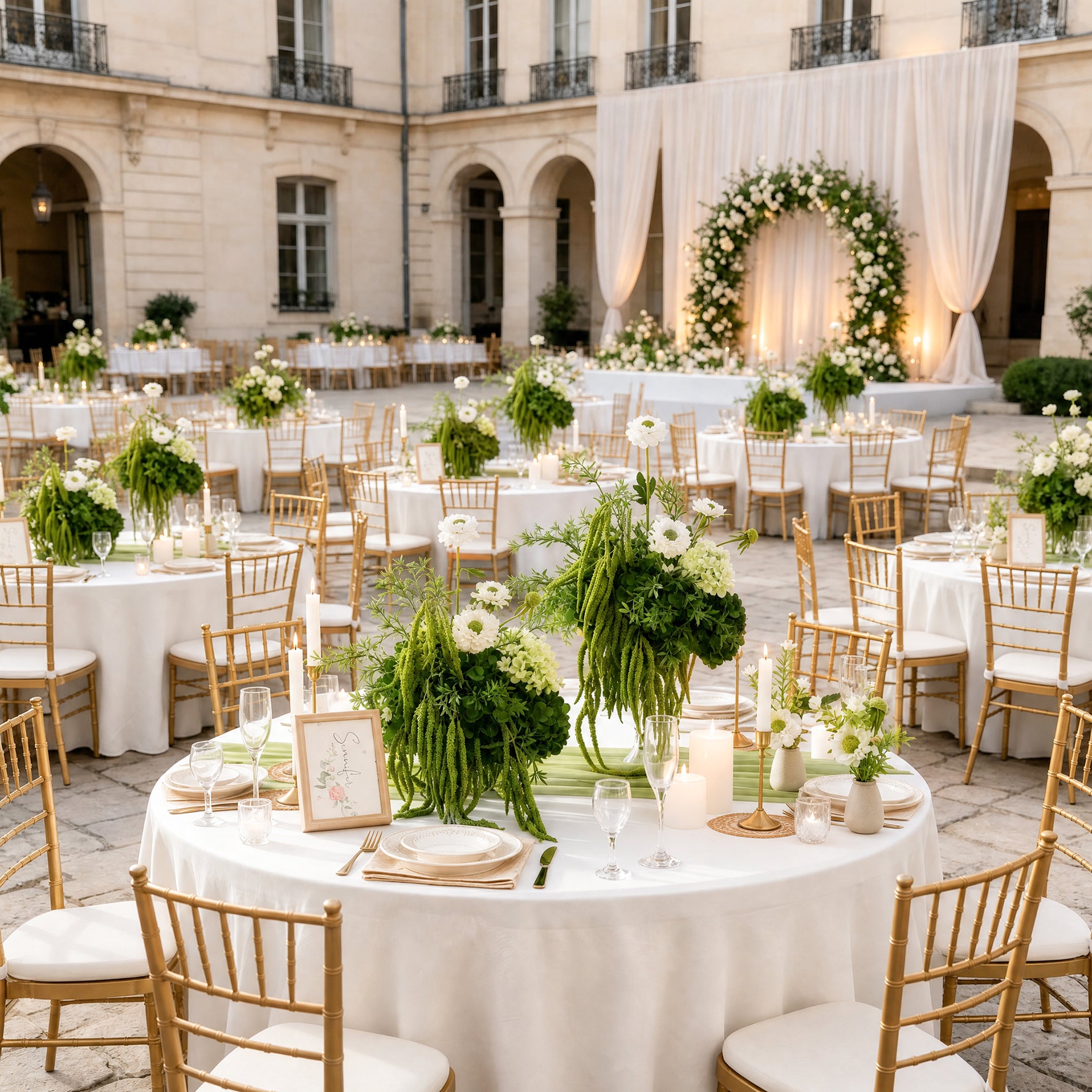 boho‑green‑silk‑flower‑centerpiece‑white‑wedding‑table‑setting‑scene