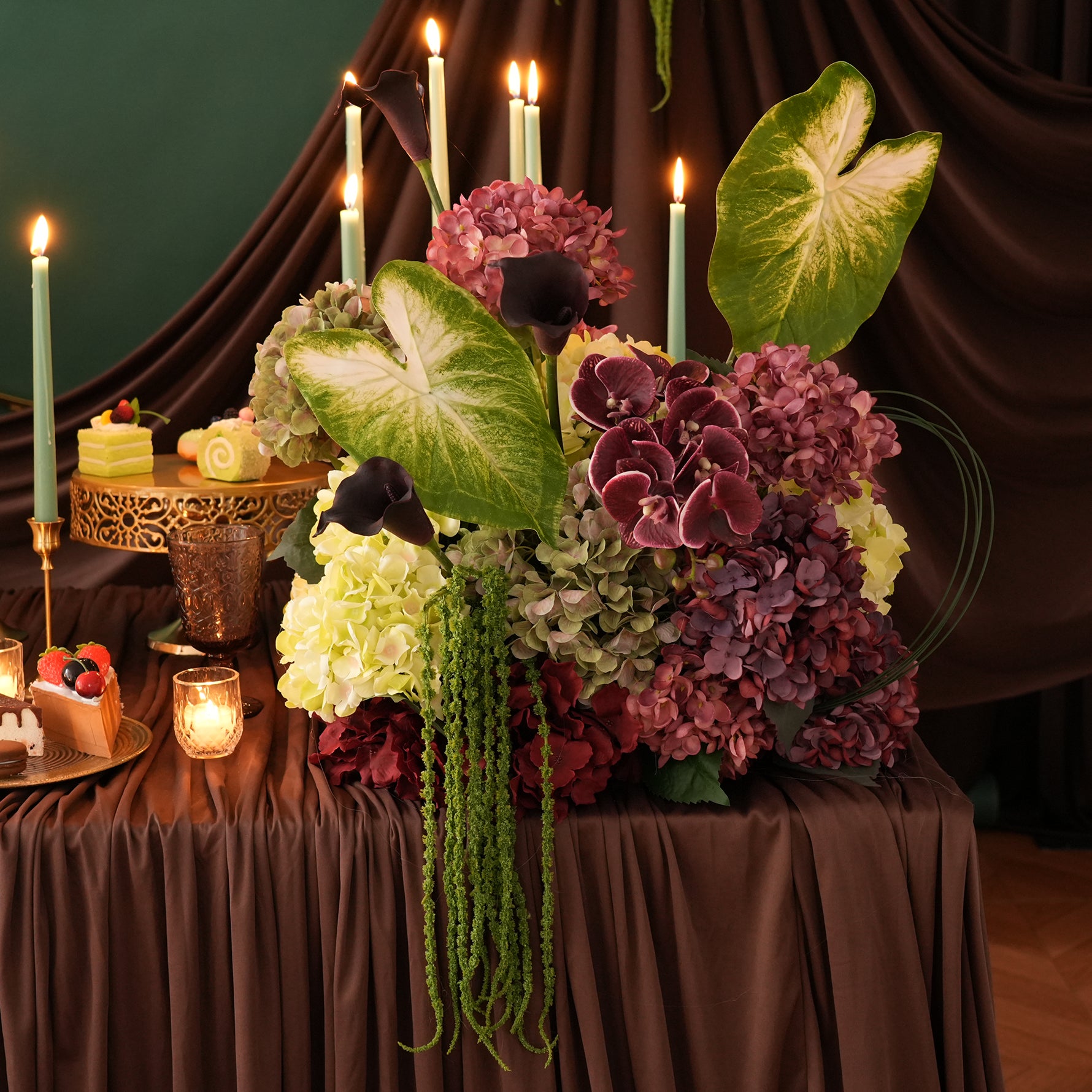 Dark Purple Orchid Hydrangea Bridal Table Arrangement