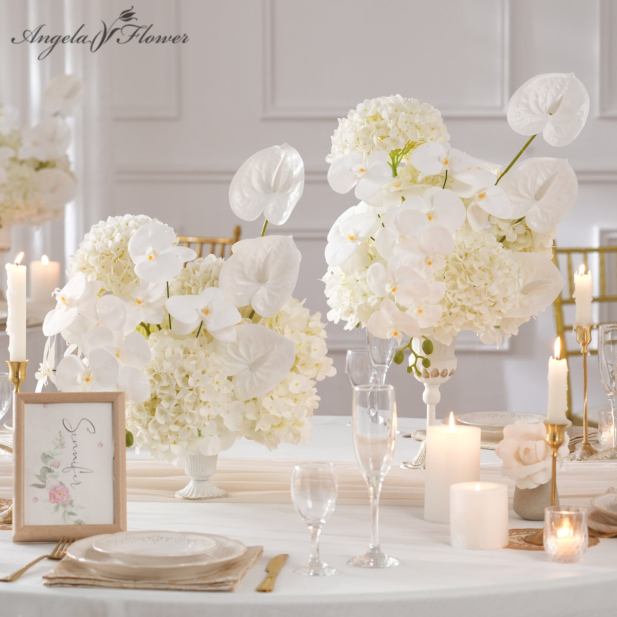 pure‑white‑artificial‑wedding‑table‑centerpiece‑orchid‑anthurium‑hydrangea‑arrangement