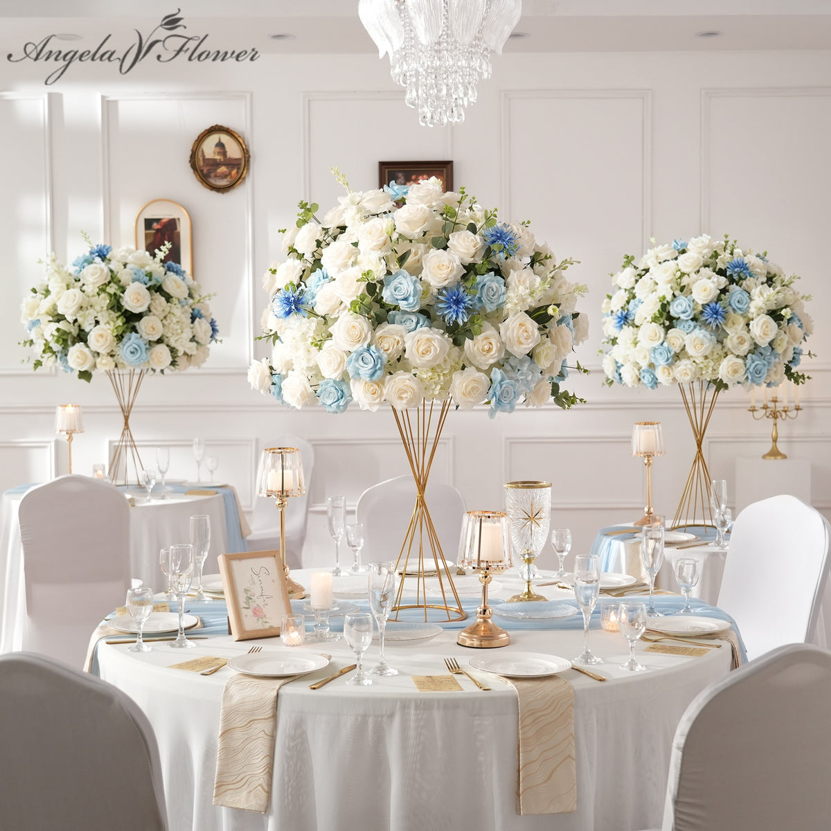 White and blue artificial wedding table centerpiece for long banquet table