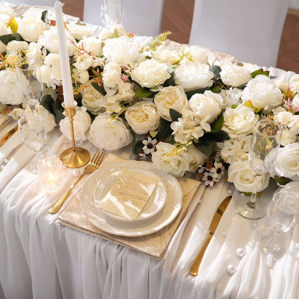 romantic silk white rose head table arrangement