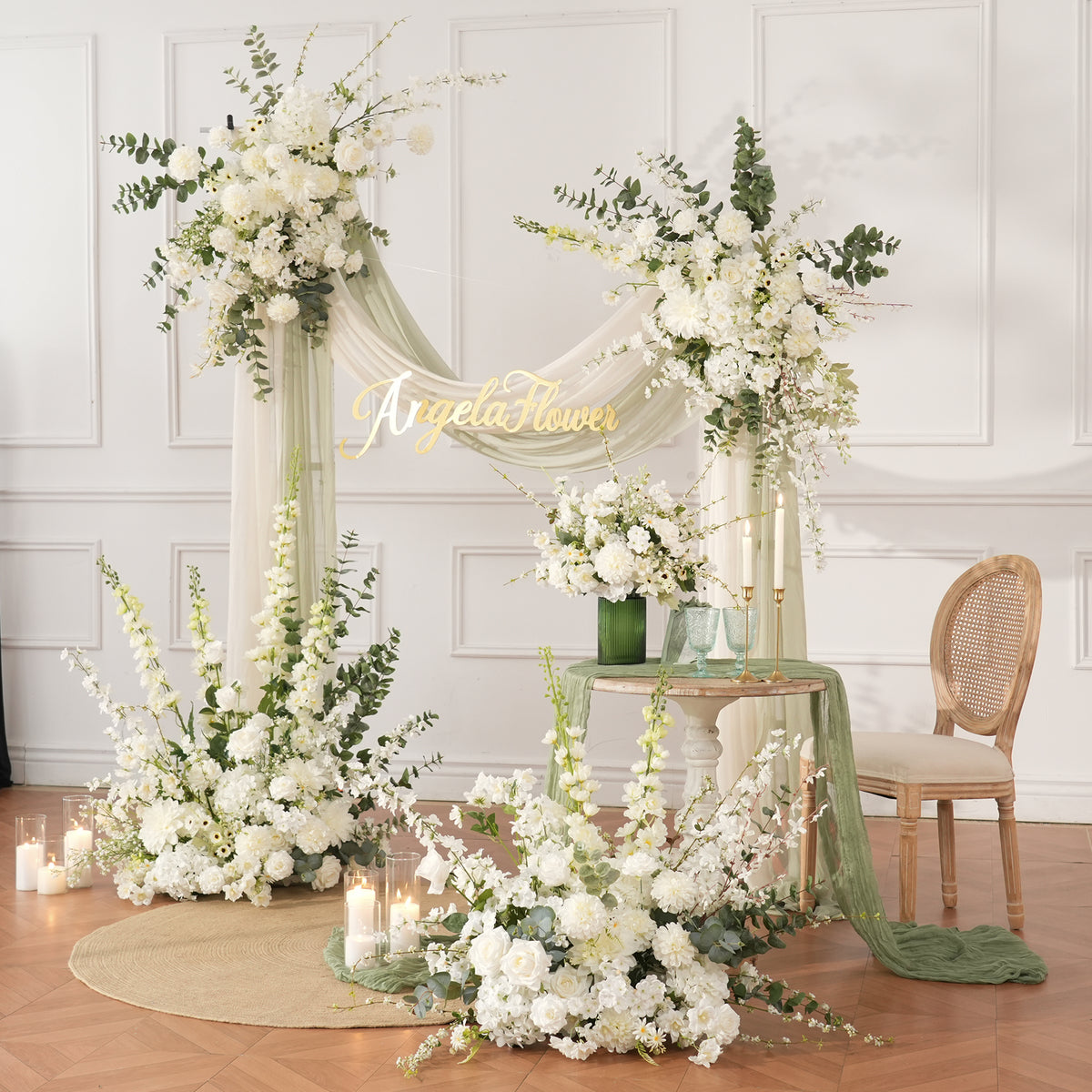 Trailing hanging flower swag with delicate filler blooms