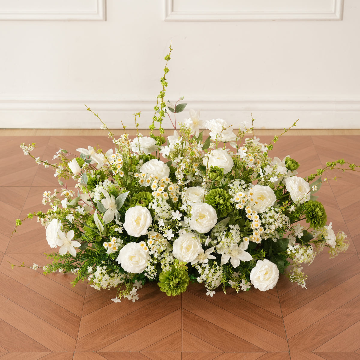 Wild twig stem white green floor floral installation for wedding arch base