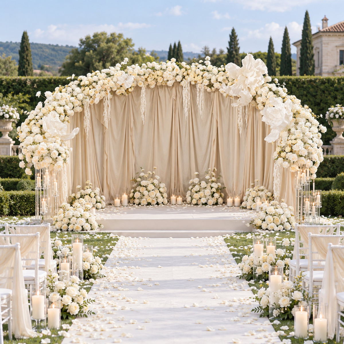 Detail shot of white rose arch with hanging white cascading greens