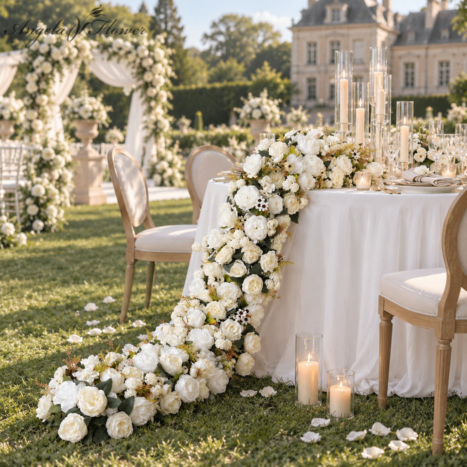 white artificial rose table runner for wedding head table