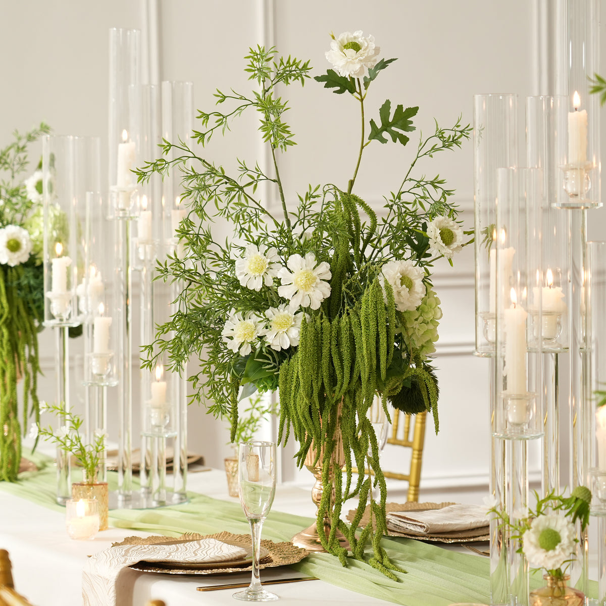 Spring green mixed silk flower centerpiece in gold vas
