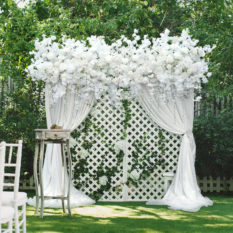 Violet cascading wisteria flower photo booth decor