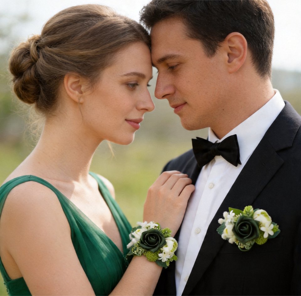 Bride and groom wearing artificial wrist corsage and boutonniere for wedding or prom