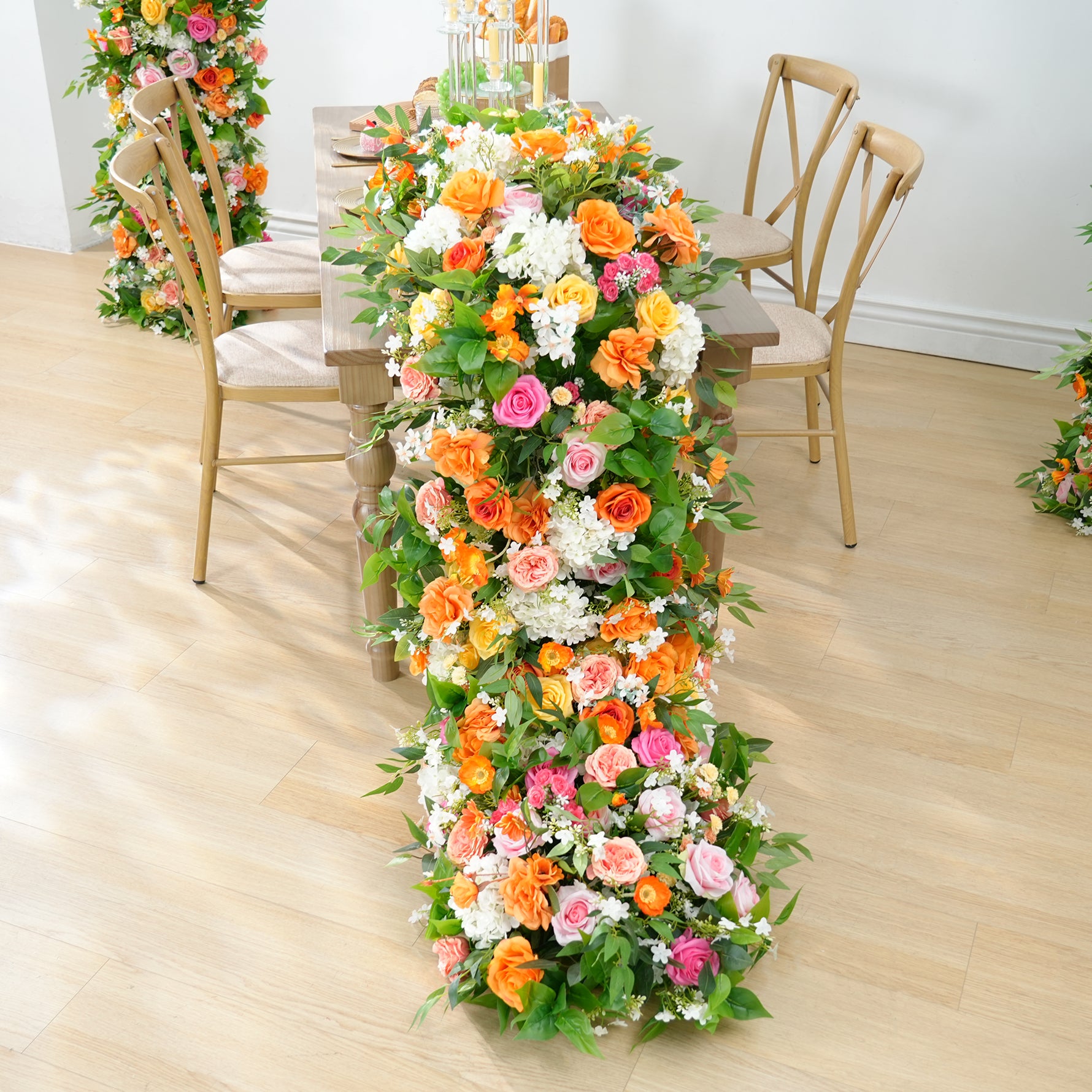 Orange Hot Pink Greenery Flower Arrangement Table Runner Round