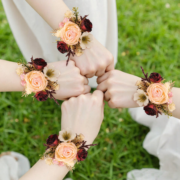 A9060 2pcs/set Artificial Pink Burgundy Rose Pearl Wrist Flower Bridal Wedding Supplies