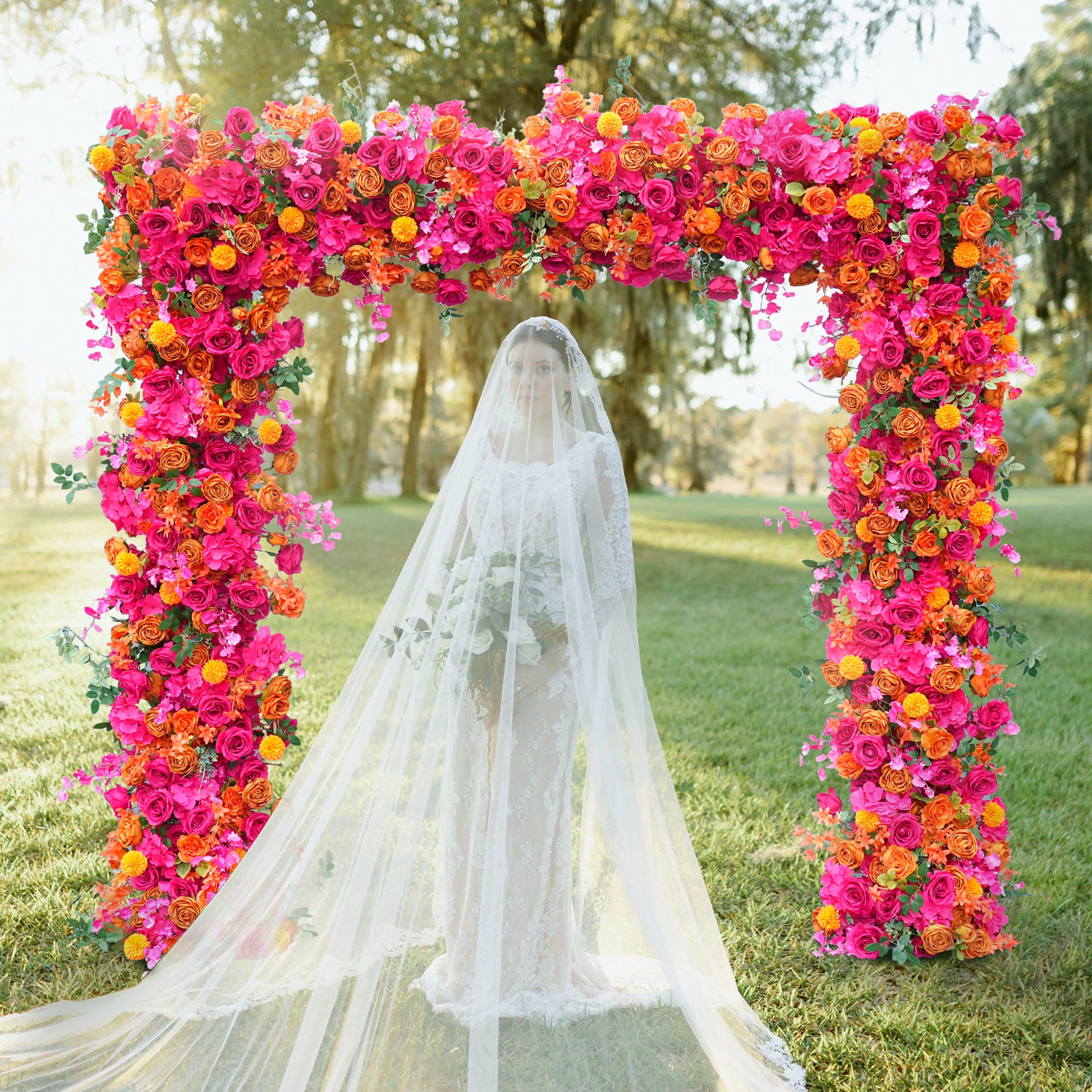 Hoàng Vũ A8807 Hot Pink Orange Rose Flower Row Decor Wedding Backdrop