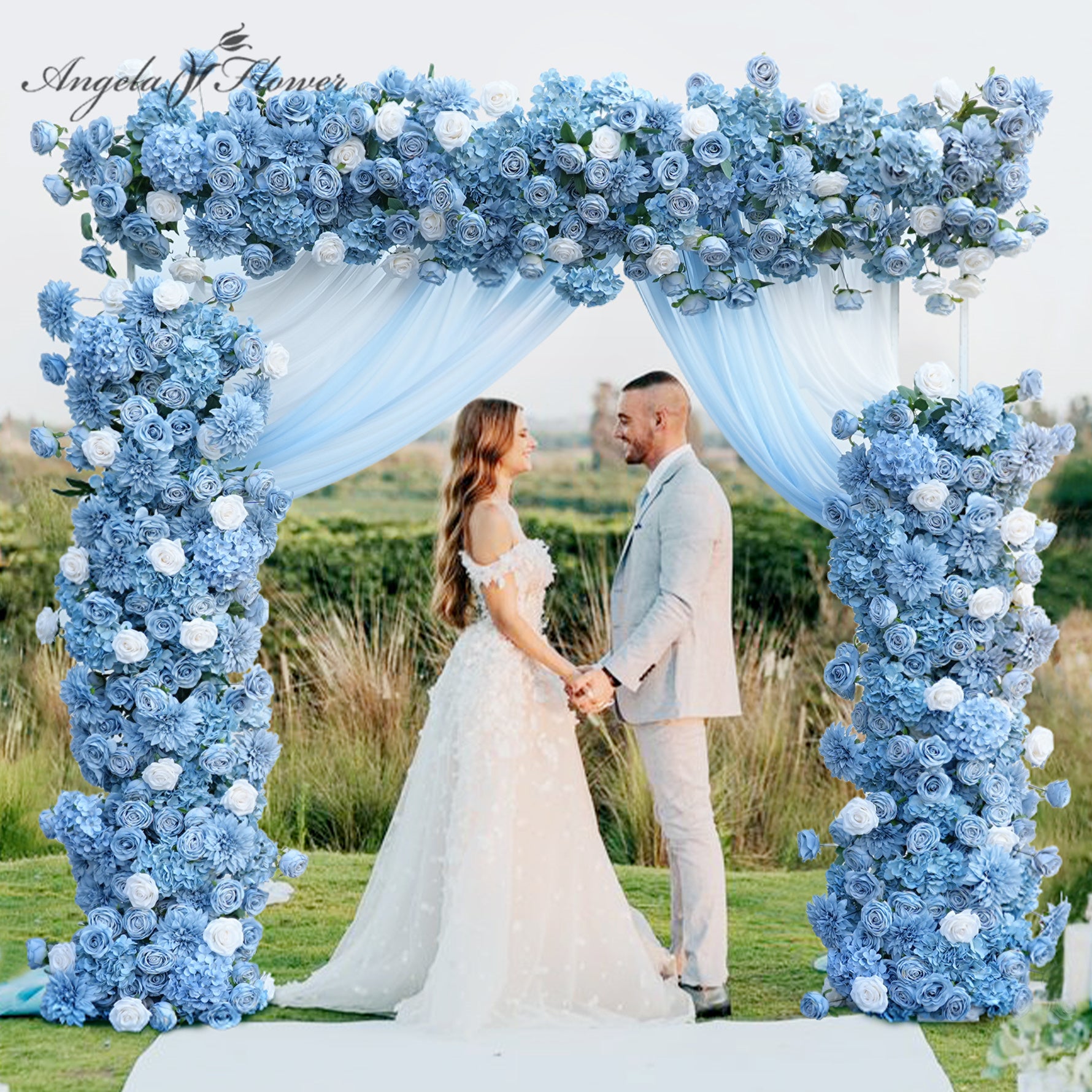 Blue White Rose Sofa Flower Runner Wedding Backdrop Square Frame