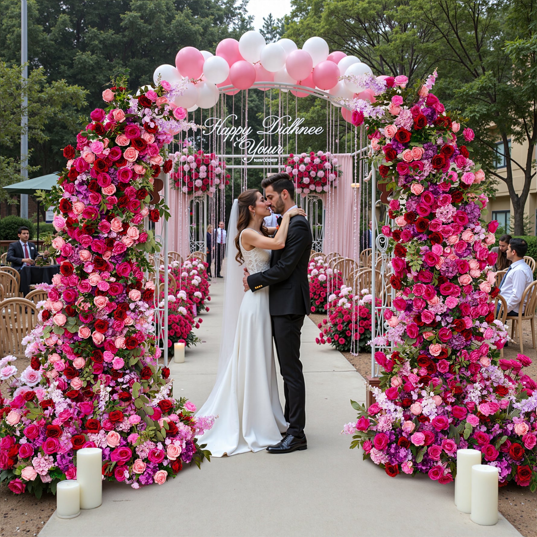 A8673 Hot Pink Rose Floral Arrangement Wedding Horn Arch Decor