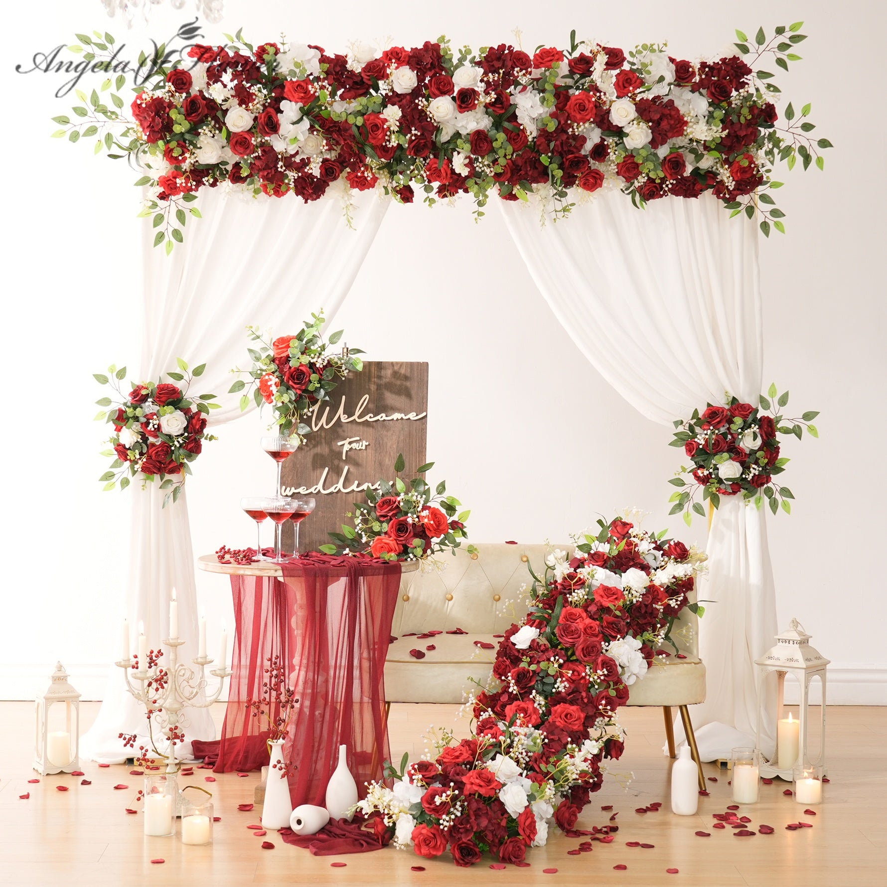 flowerページ Burgundy Rose White Baby Breath Grass Wedding Arch Red Flower