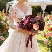 A9058 Burgundy Artificial Bridal Bouquet Wrist Flower Wedding Floral Arrangement