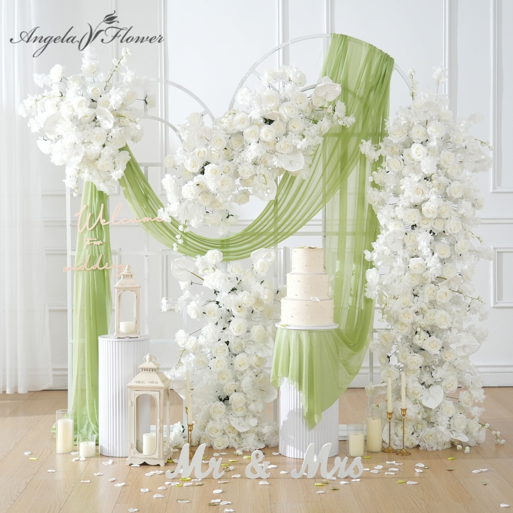 White Rose Palm Cherry Blossom Artificial Flower Row Wedding Arch