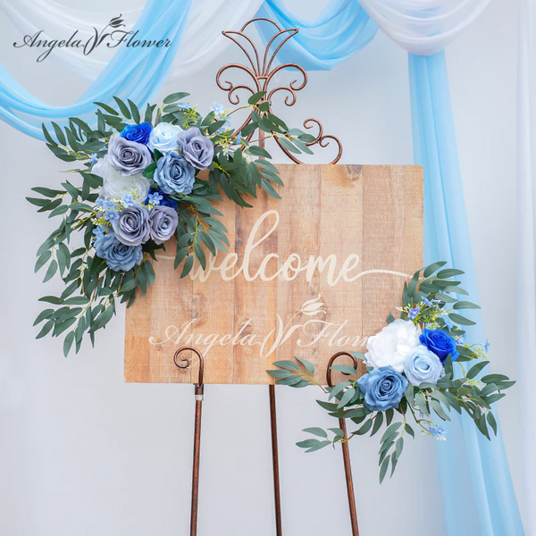 A8634 Blue White Series With Greenery Welcome Sign Flower Wedding Props