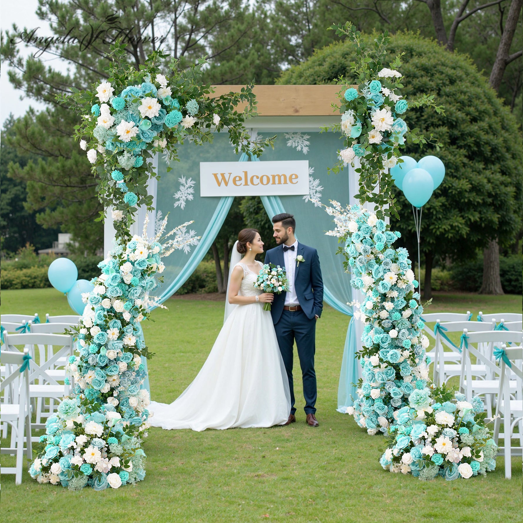 A8956 Tiffany Blue Floral Row Horn Arch Welcome Sign Hang Flower