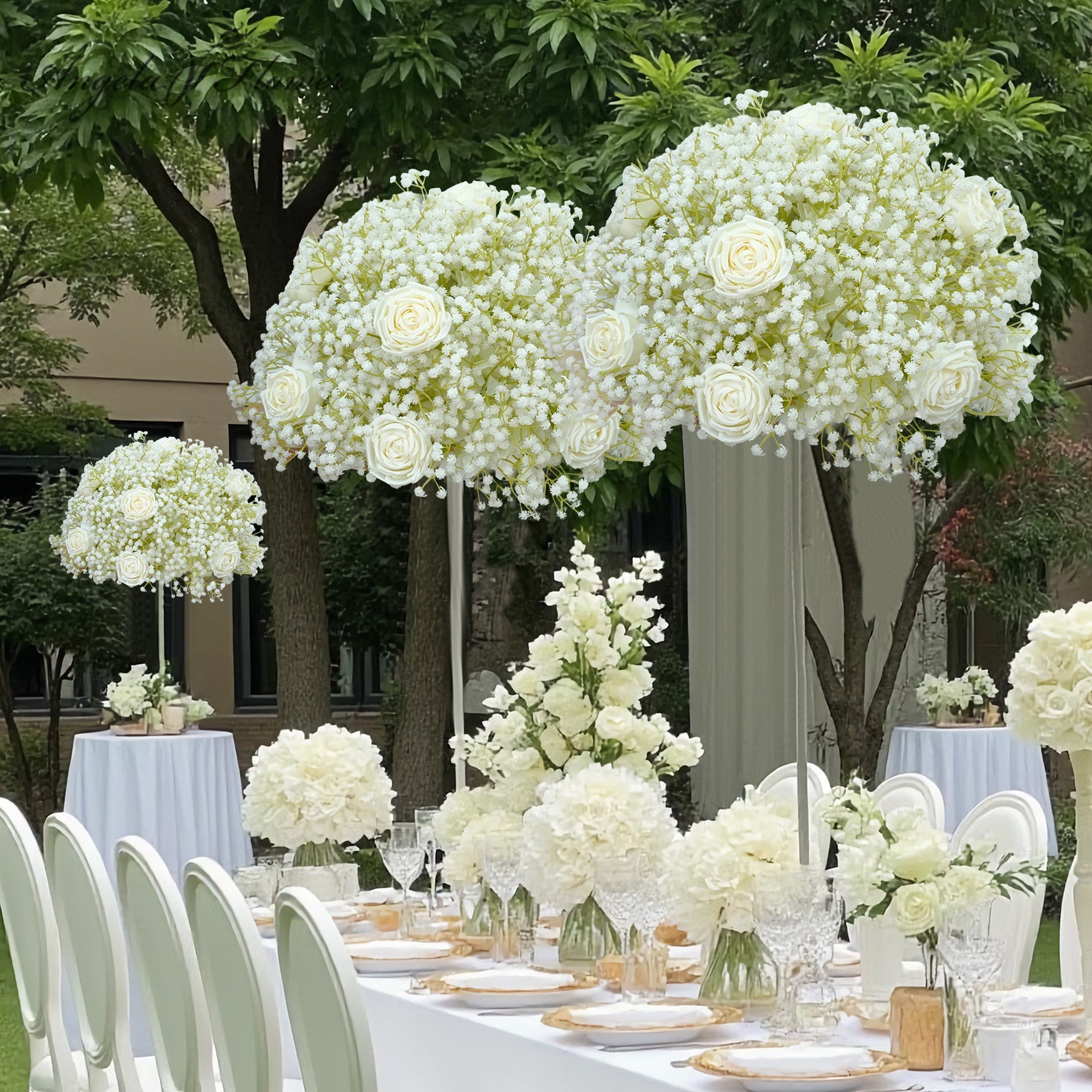 A8843 White Baby's Breath Rose Flower Ball Wedding Table
