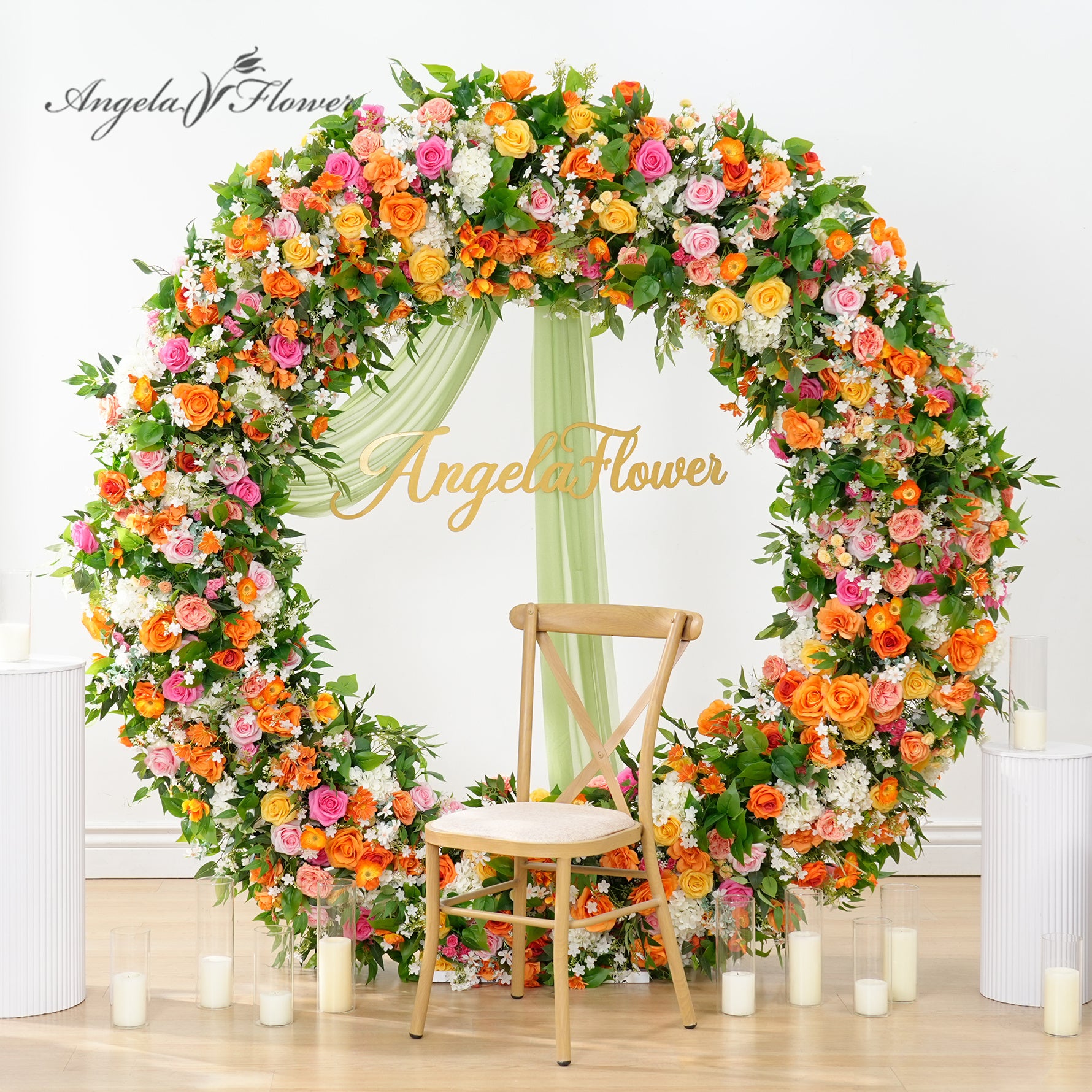 A8935 Orange Hot Pink Greenery Flower Arrangement Table Runner