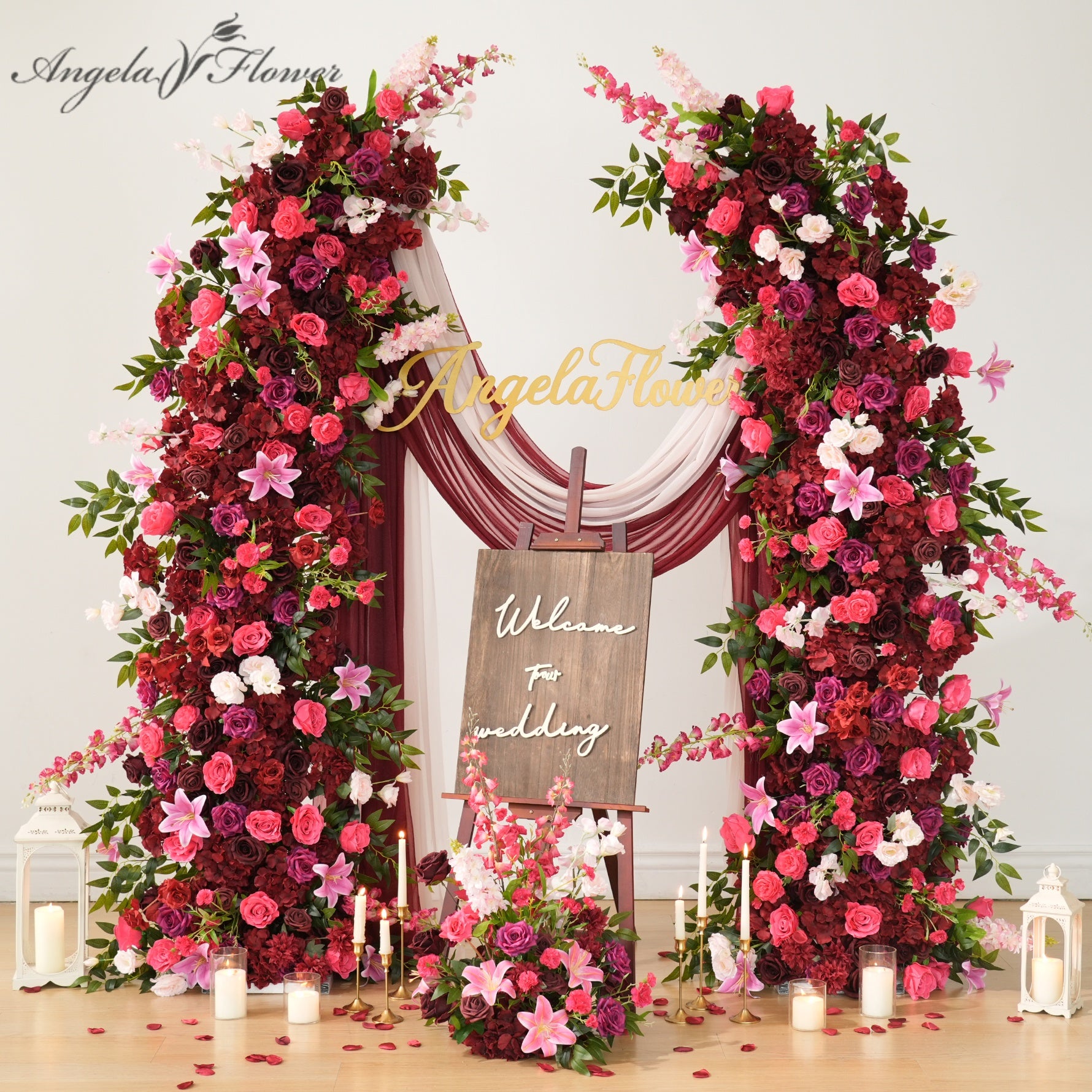 A9047 Hot Pink Red Flower Row Horn Arch Table Floral Wedding Party