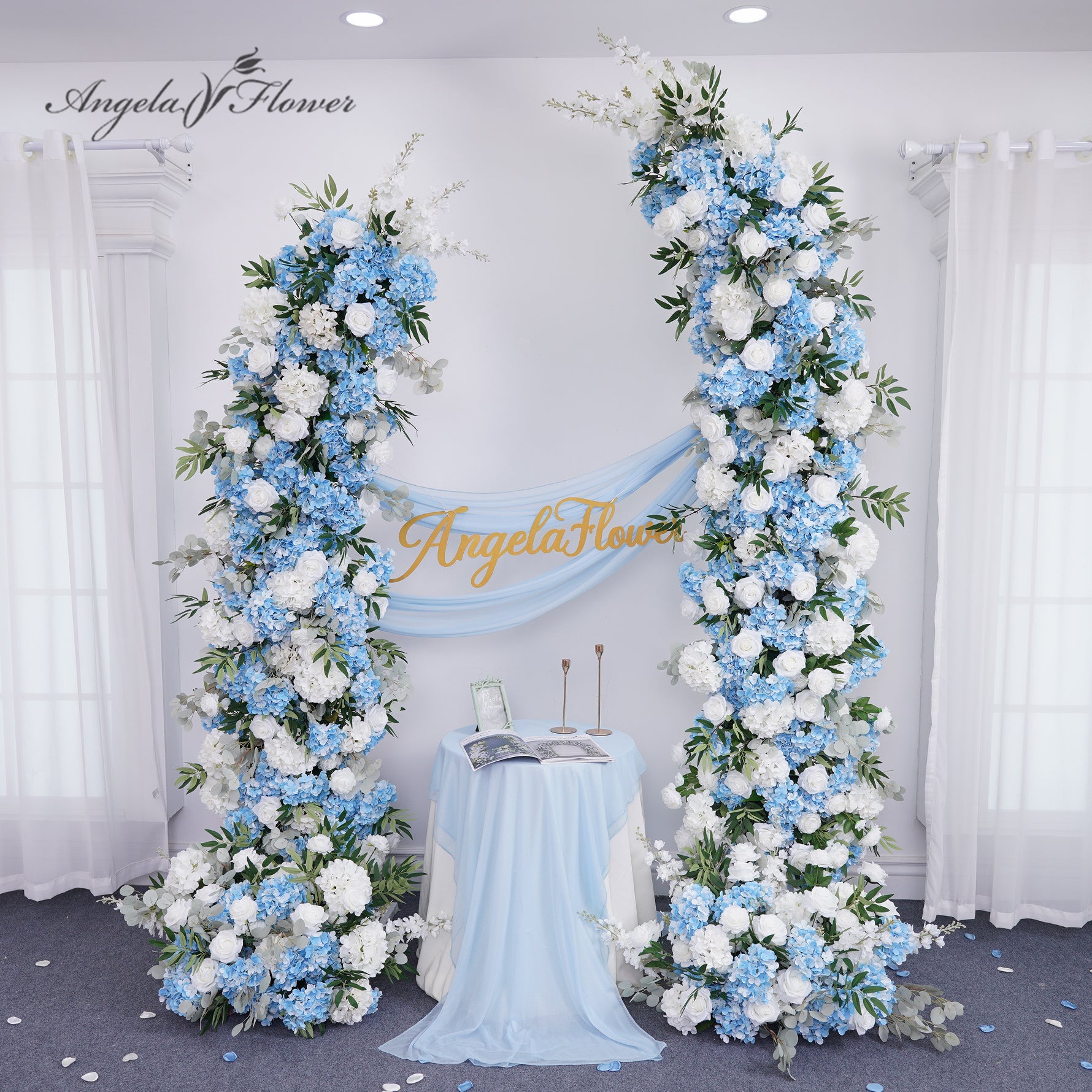 カーテン ann A8858 White Rose Blue Hydrangea Horn Arch Decor Wedding Backdrop