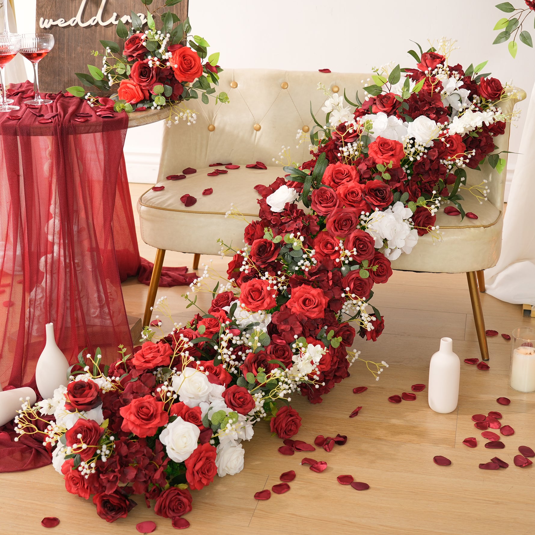 A7174 A7673 Burgundy Rose White Baby Breath Grass Wedding Arch Red