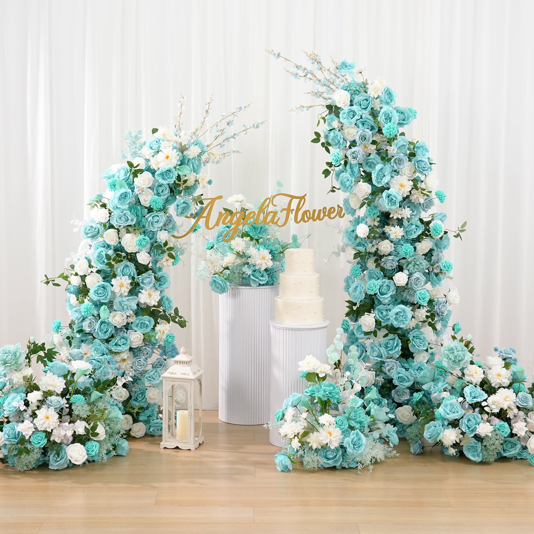 A8956 Tiffany Blue Floral Row Horn Arch Welcome Sign Hang Flower