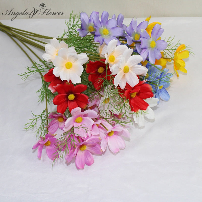 Colorful faux cosmos flower home vase styling
