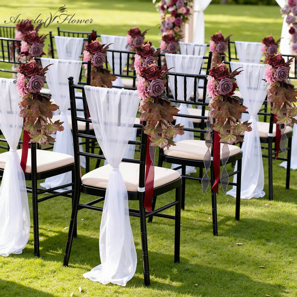 A9058 4pcs/set Burgundy Rose Maple Leaves Chair Flower Wedding Reception Decor