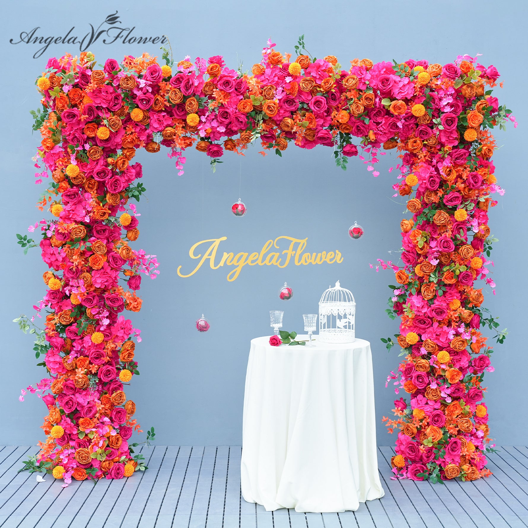A8807 Hot Pink Orange Rose Flower Row Decor Wedding Backdrop
