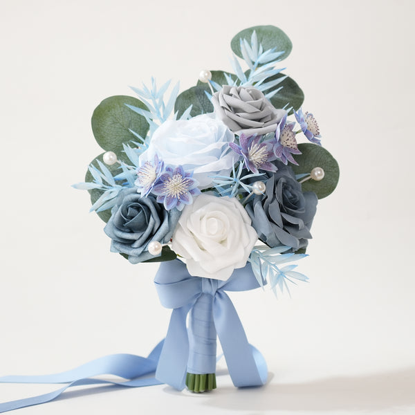 A9006 6pcs/set Haze Blue White Rose Bridesmaid Bouquet Wedding Party Accessories