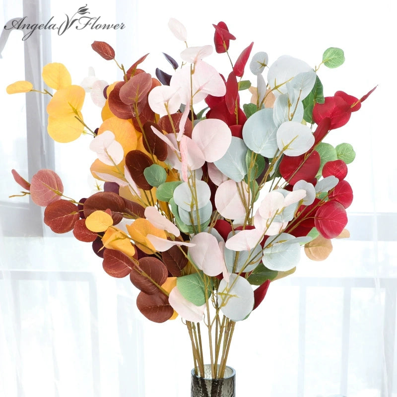 Multicolor artificial silver dollar eucalyptus stems