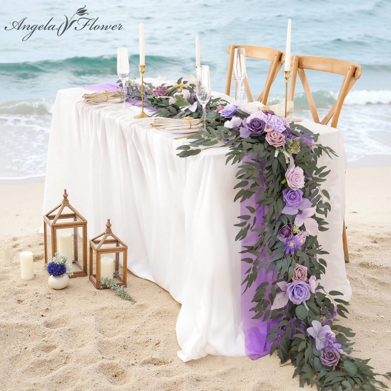 A9002 7ft Purple Rose Greenery Garland Table Flower Wedding Party