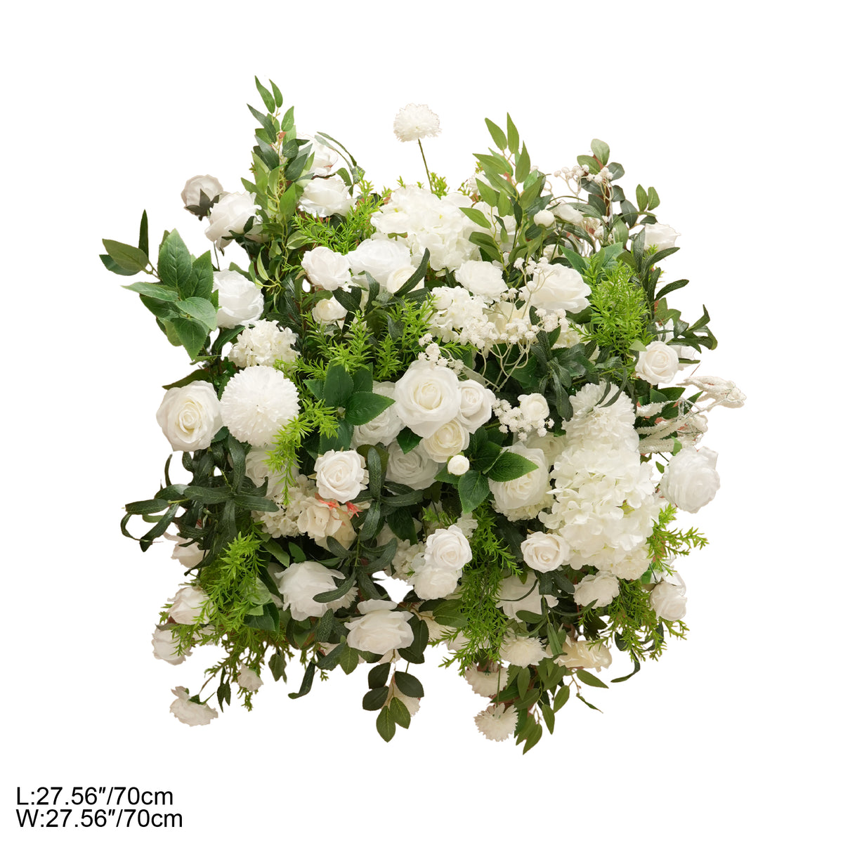 Long cascading white wisteria strands on the arch floral arrangement