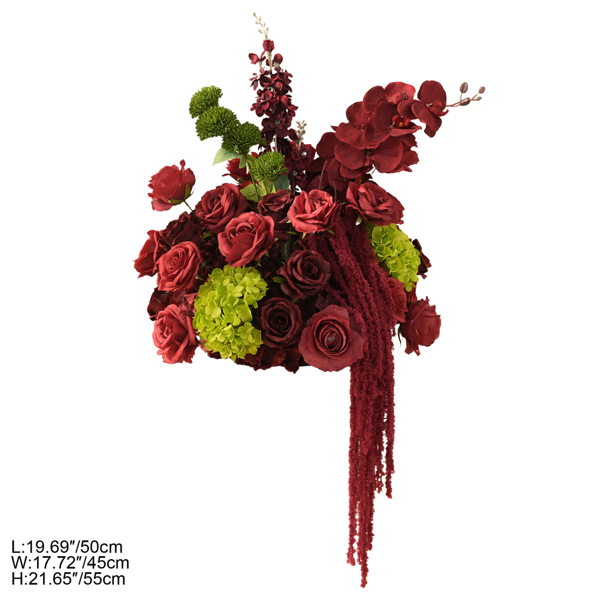 Low floor aisle marker flower arrangement in red and fresh green tones