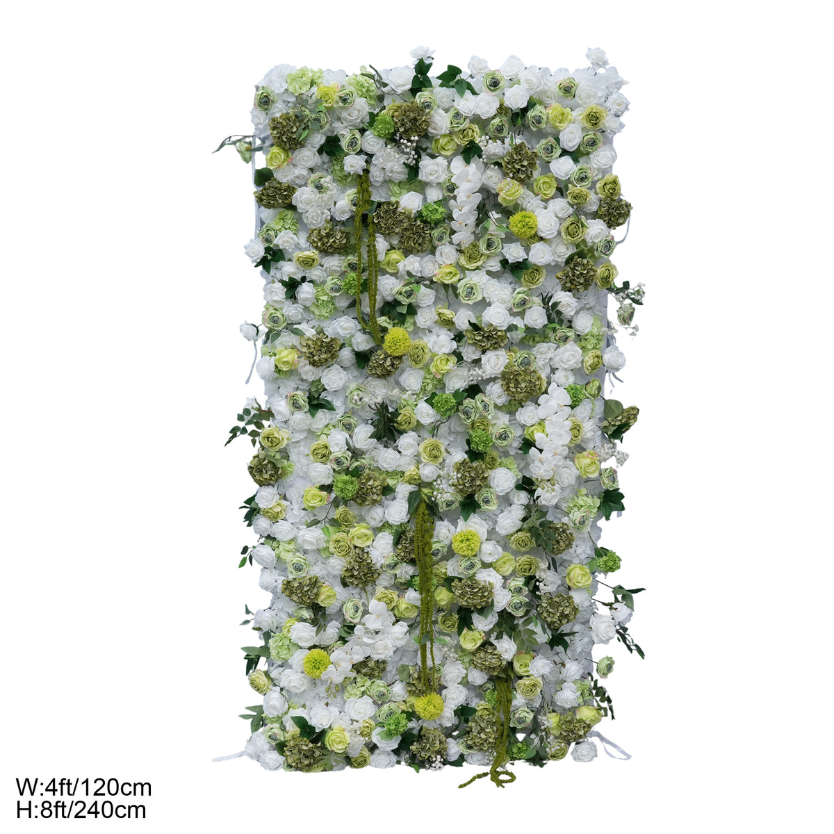 Ivory cream artificial floral wall backdrop, botanical mixed blooms ideal for wedding ceremony photo booth decor