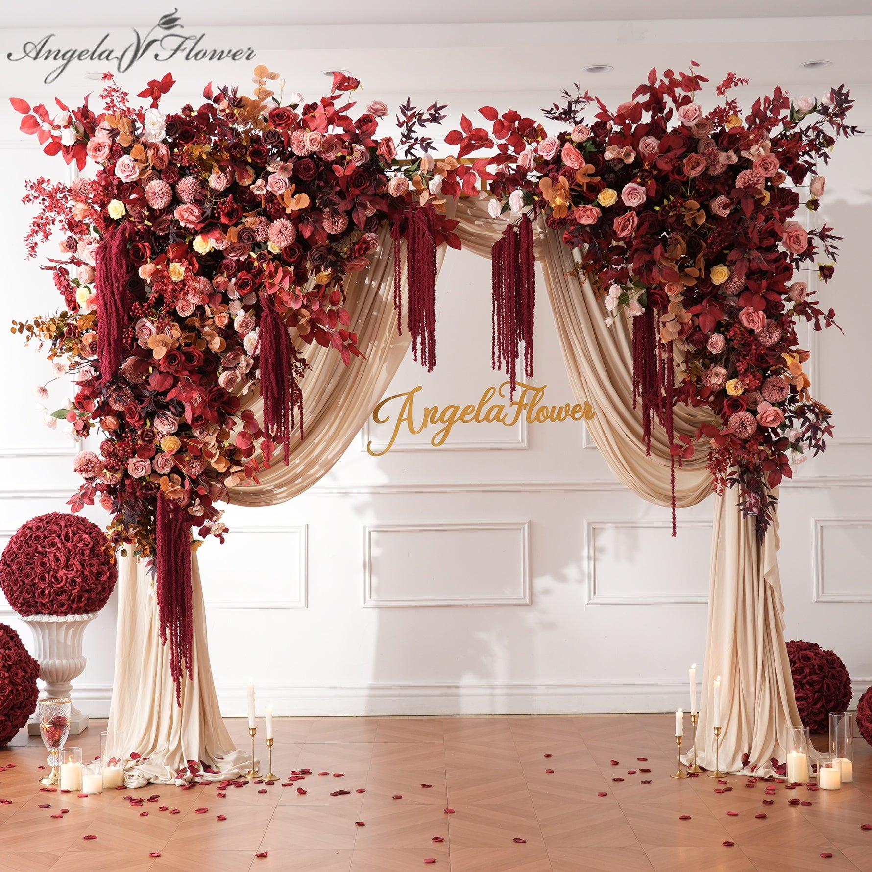 burgundy blush wedding arch floral swag