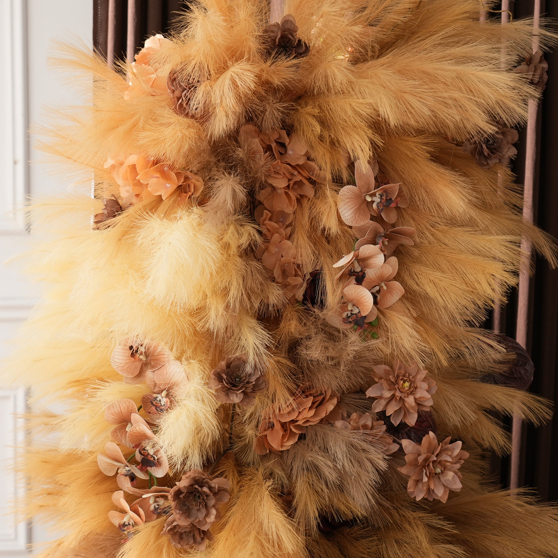 Fall coffee tone pampas wedding backdrop flowers