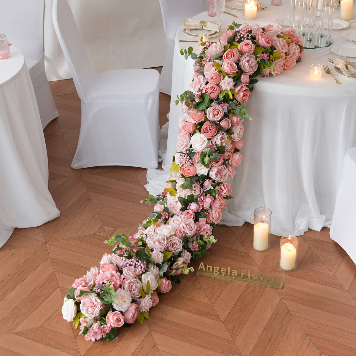faux pink berry and eucalyptus table garland romantic wedding styling