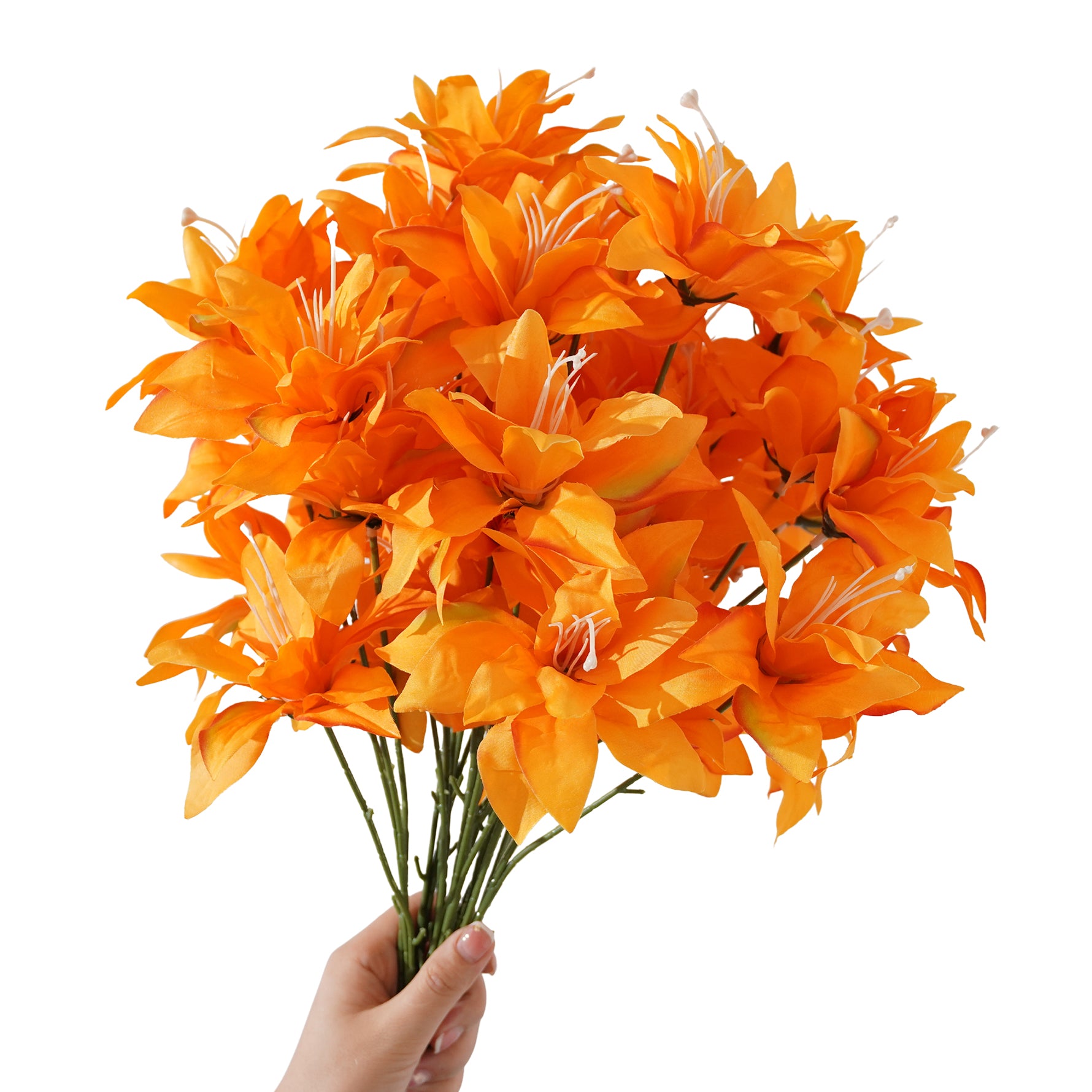 Handheld faux orange lily flower bunch photo
