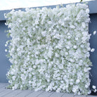Event photo booth backdrop using mixed white artificial baby breath and rose flower wall 