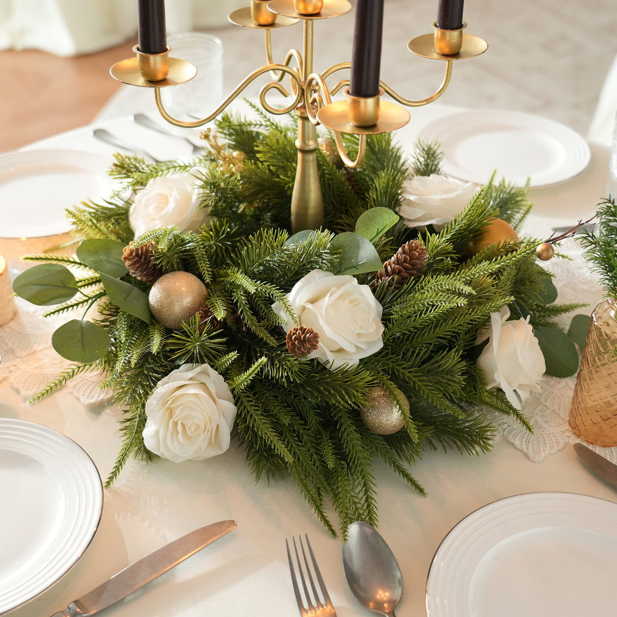 Artificial winter greenery wreath for tabletop candle decor