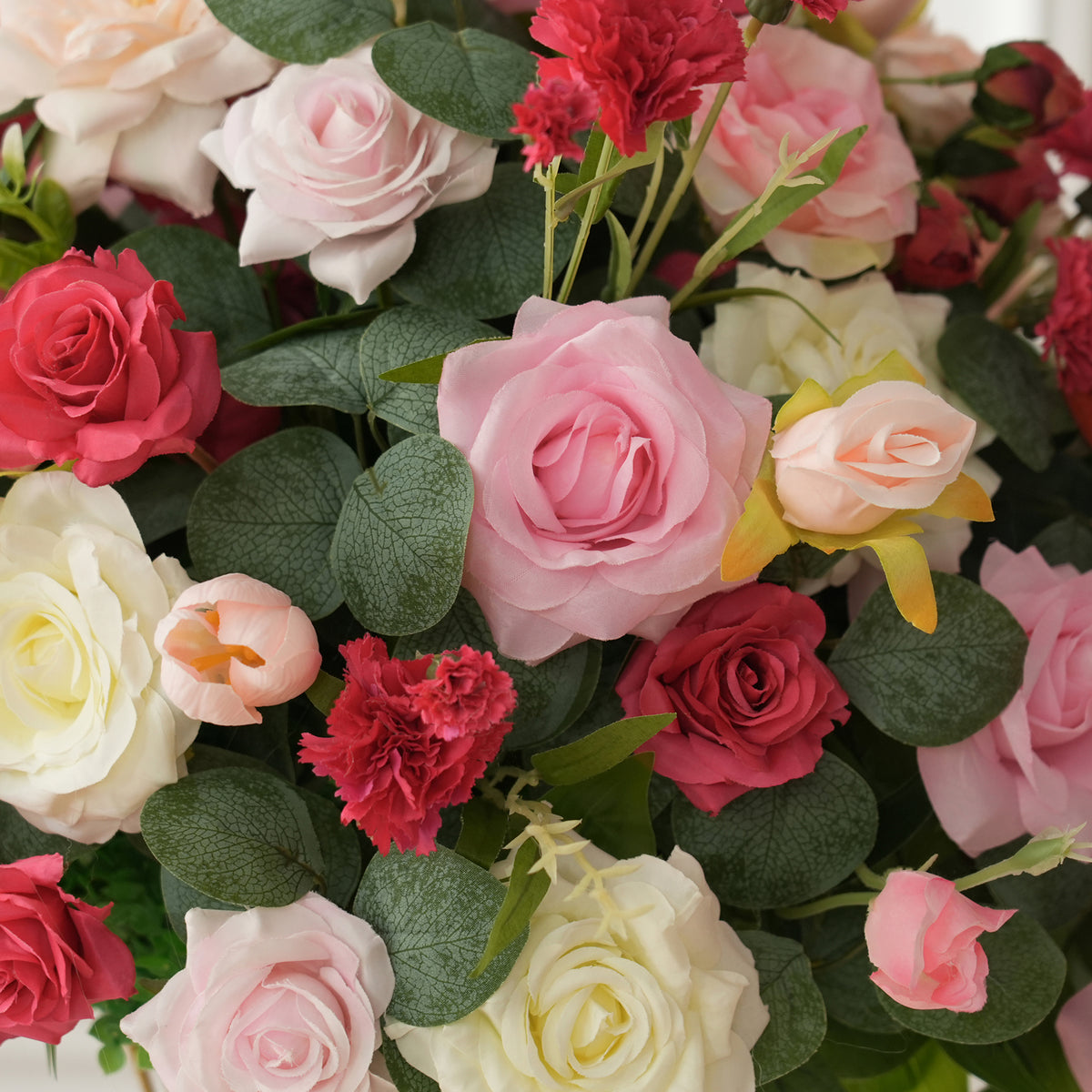 Wedding reception tall stand floral decor, mixed fake roses delphinium and greenery artificial table arrangement
