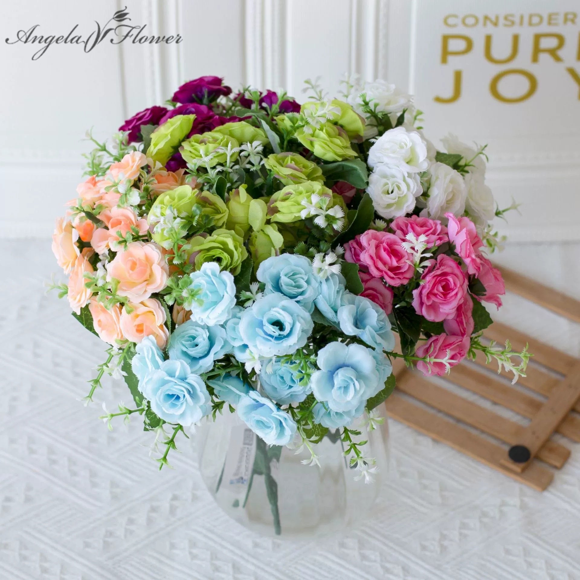 Light Blue Fake Small Rose Bouquet With Greenery