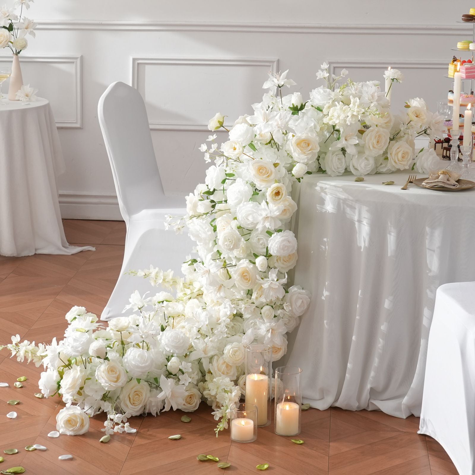 white-rose-cascading-table-decoration