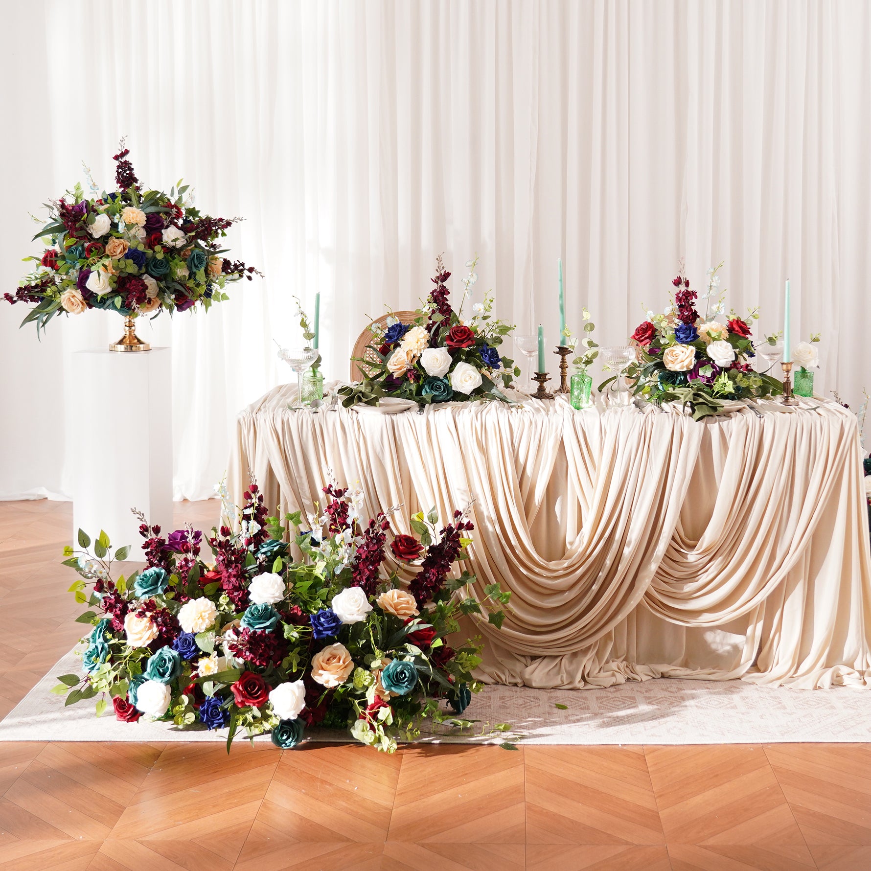 wedding-floor-flower-arrangement-with-green-leaves